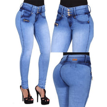 Load image into Gallery viewer, Women&#39;s Blue Button Zipper Jeans
