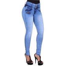 Load image into Gallery viewer, Women&#39;s Blue Button Zipper Jeans
