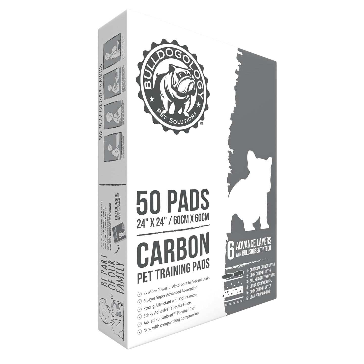 Bulldoglogy 50-Count Carbon Black Puppy Training Pads with Adhesive Tape 24x24 - Large Charcoal